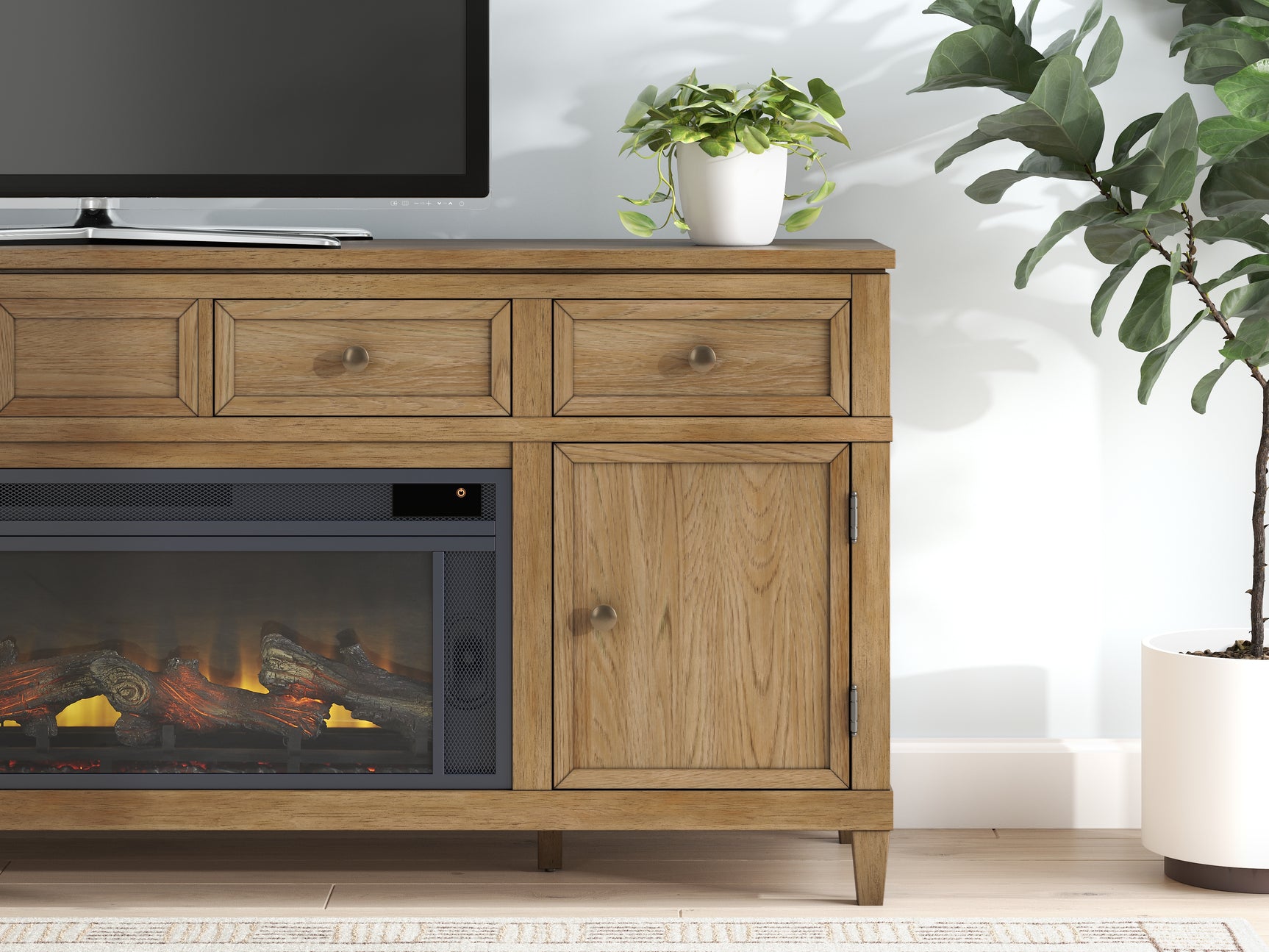 Sharlance Light Brown 81" TV Stand with Electric Fireplace