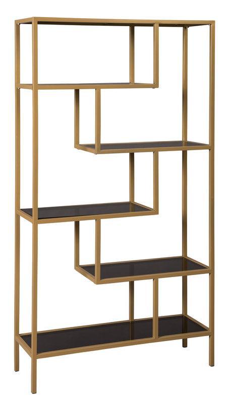 Frankwell Gold Finish Modern Industrial Metal Glass 5 Shelves Bookcase - Ella Furniture