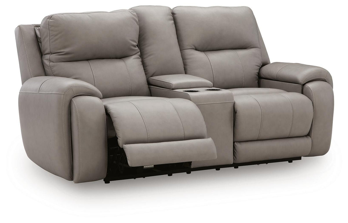 Real Moments Ash Leather Power Reclining Loveseat with Audio Seating — angled view