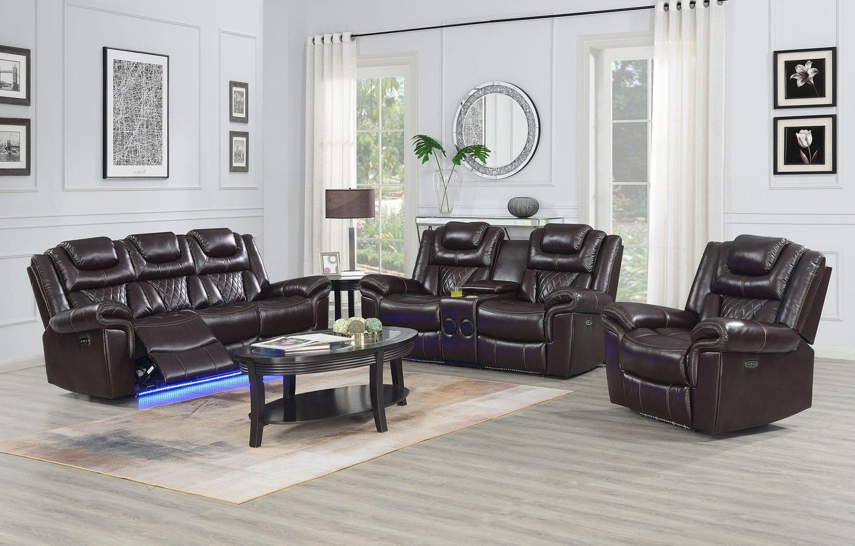 Alexa Brown Modern Contemporary Faux Leather Gel 3Pc Power Living Room Set - Ella Furniture