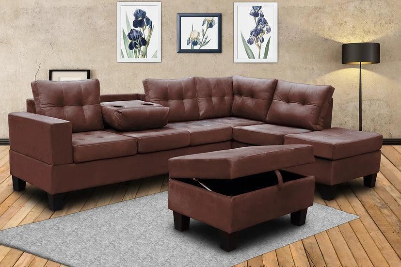 Allen Parkway Brown Modern Thick Microfiber Tufted 3Pcs Sectional With Storage Ottoman - Ella Furniture