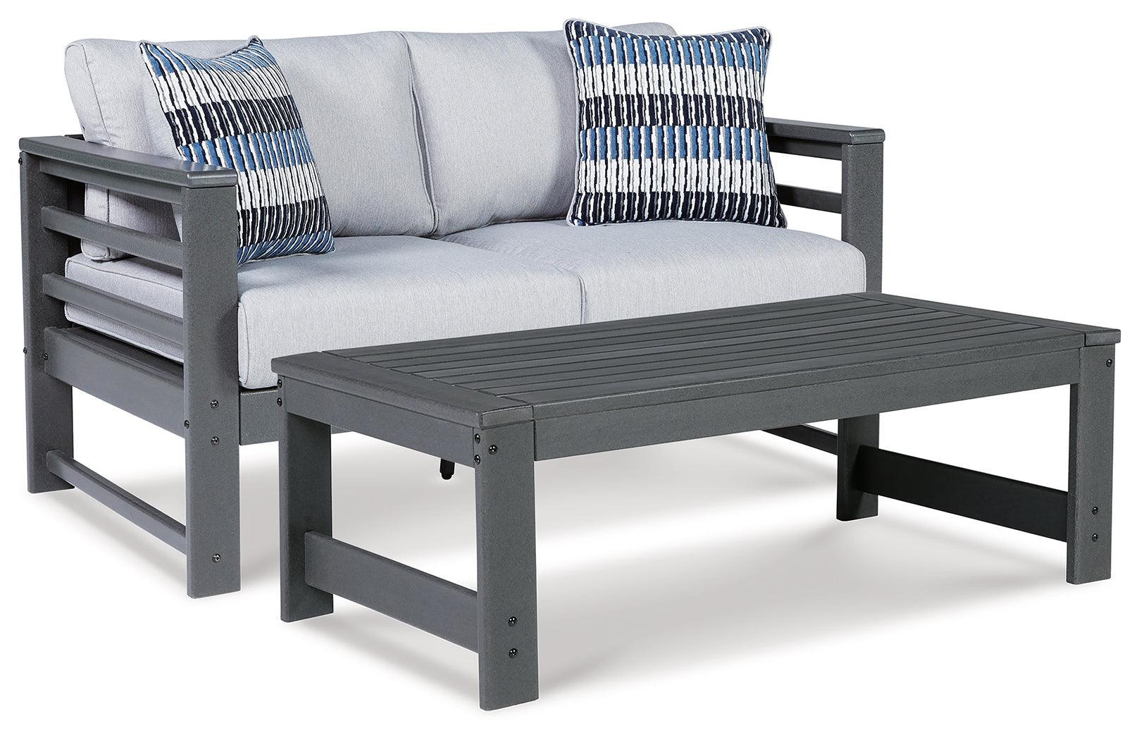 Amora Charcoal Gray Outdoor Loveseat With Coffee Table - Ella Furniture