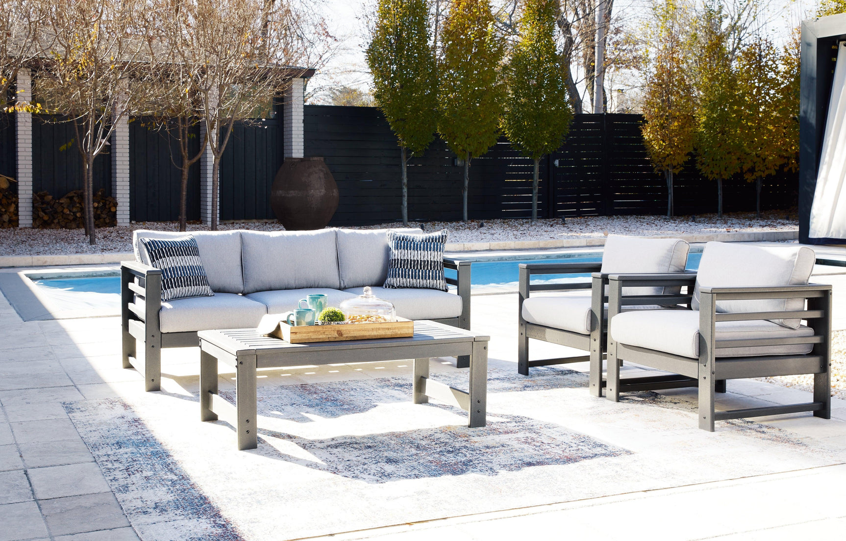 Amora Charcoal Gray Outdoor Sofa And 2 Chairs With Coffee Table - Ella Furniture