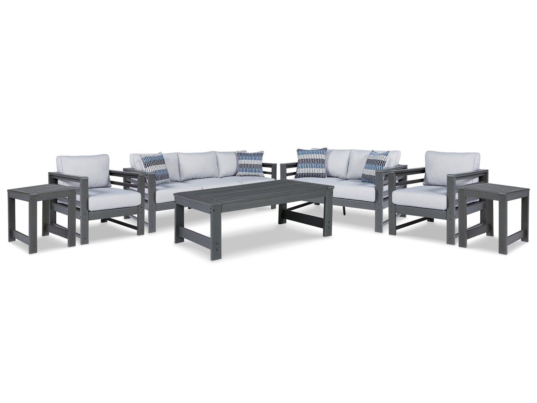 Amora Charcoal Gray Outdoor Sofa, Loveseat And 2 Lounge Chairs With Coffee Table And 2 End Tables - Ella Furniture