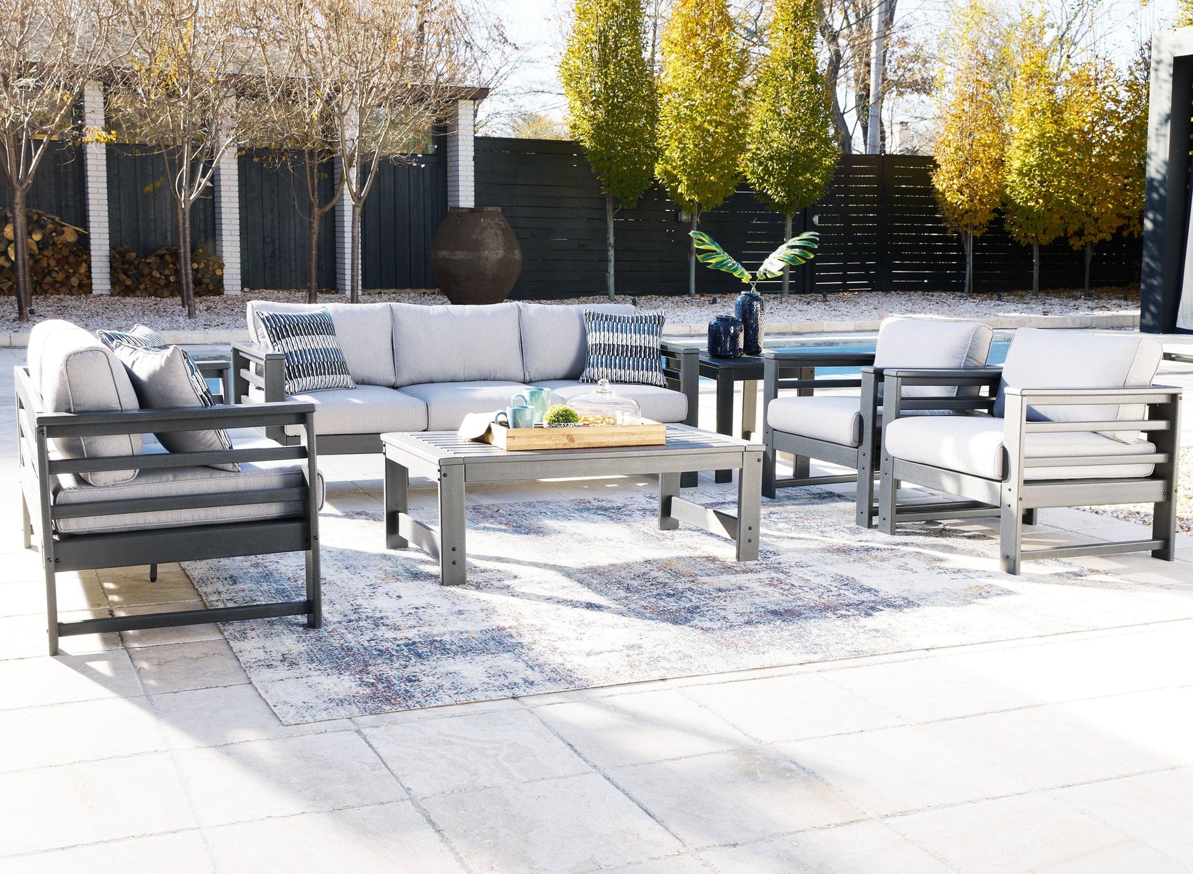 Amora Charcoal Gray Outdoor Sofa, Loveseat And 2 Lounge Chairs With Coffee Table And End Table - Ella Furniture