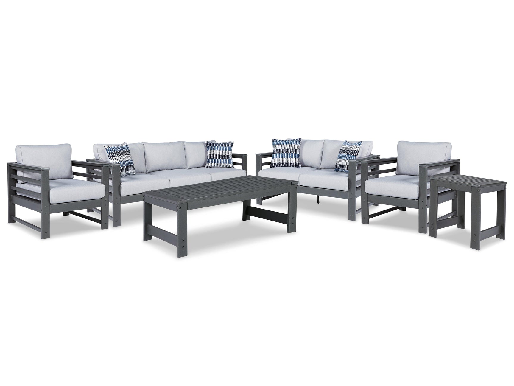 Amora Charcoal Gray Outdoor Sofa, Loveseat And 2 Lounge Chairs With Coffee Table And End Table - Ella Furniture
