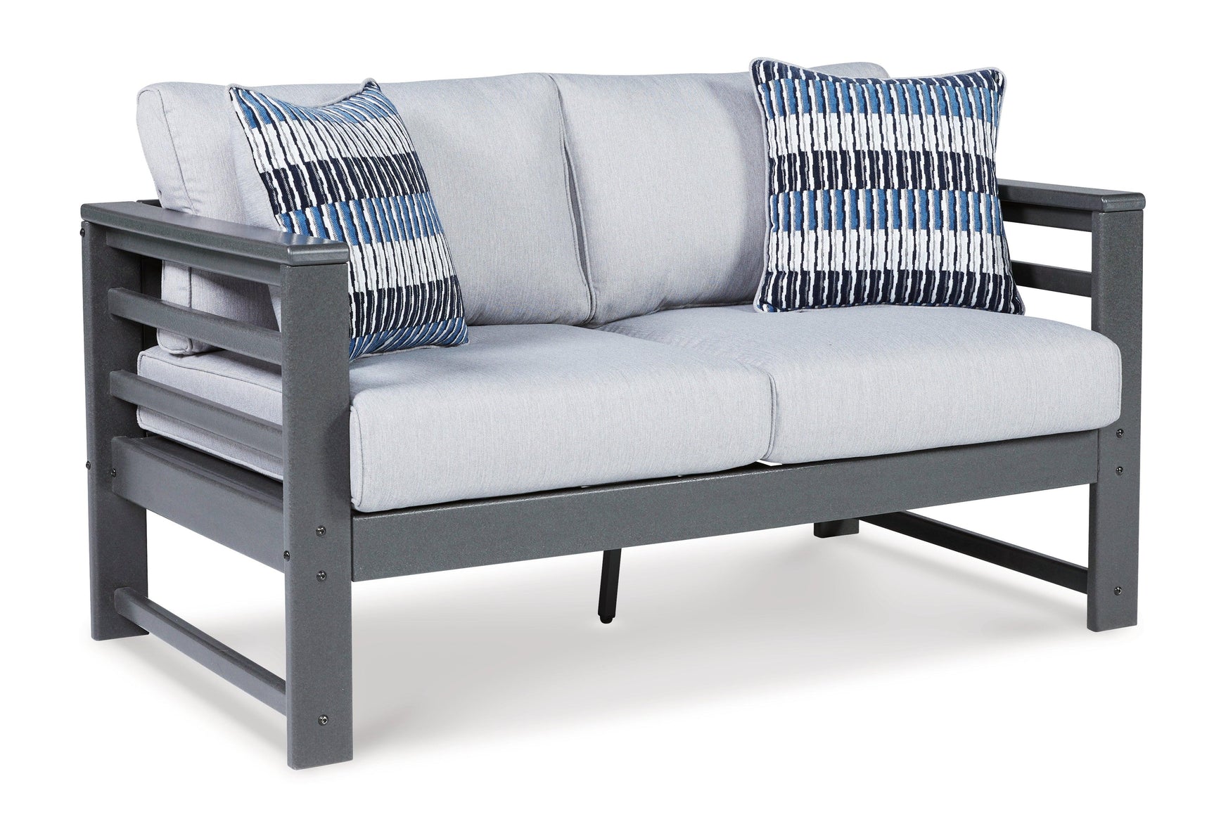 Amora Charcoal Gray Outdoor Sofa, Loveseat And 2 Lounge Chairs With Coffee Table And End Table - Ella Furniture