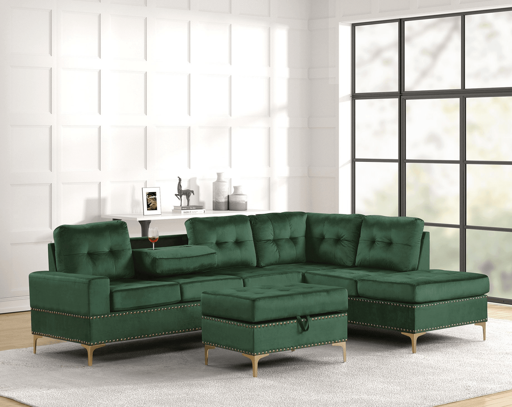 Anserra Green Reversible Sectional + Ottoman Set - Ella Furniture