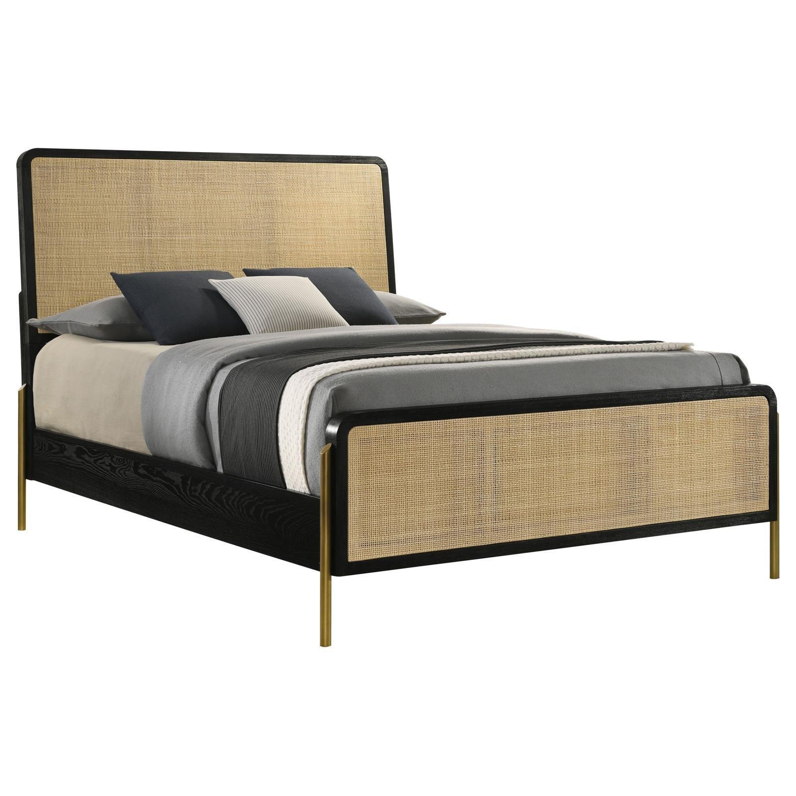 Arini Arini Eastern King Bed With Woven Rattan Headboard Black And Natural 224330Ke - Ella Furniture