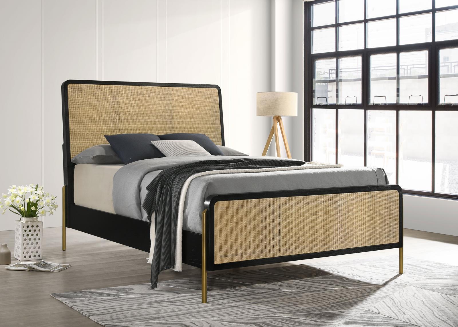 Arini Arini Queen Bed With Woven Rattan Headboard Black And Natural 224330Q - Ella Furniture