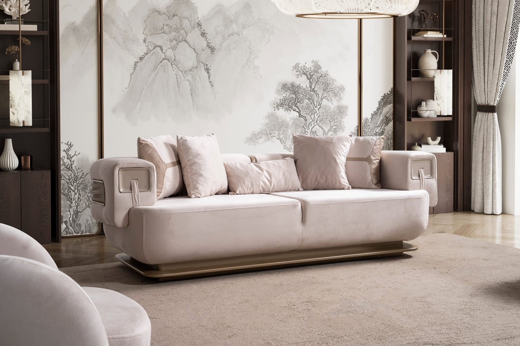 Athena Sofa, Loveseat, and Chair Set with Plush Cushions and Metallic Base angled view