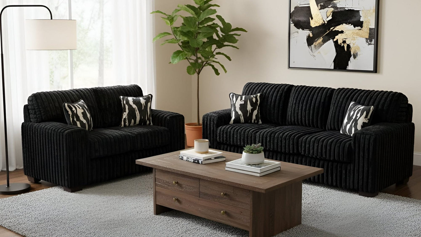 Austin Black Corduroy Sofa and Loveseat Set with Accent Pillows from Ella Furniture