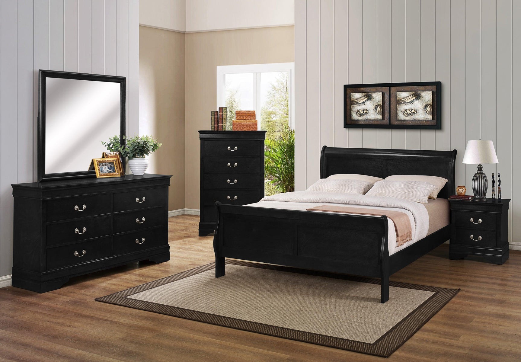 Louis Philip Black Finish Modern Smooth Contemporary Sleigh Bedroom Set - Ella Furniture