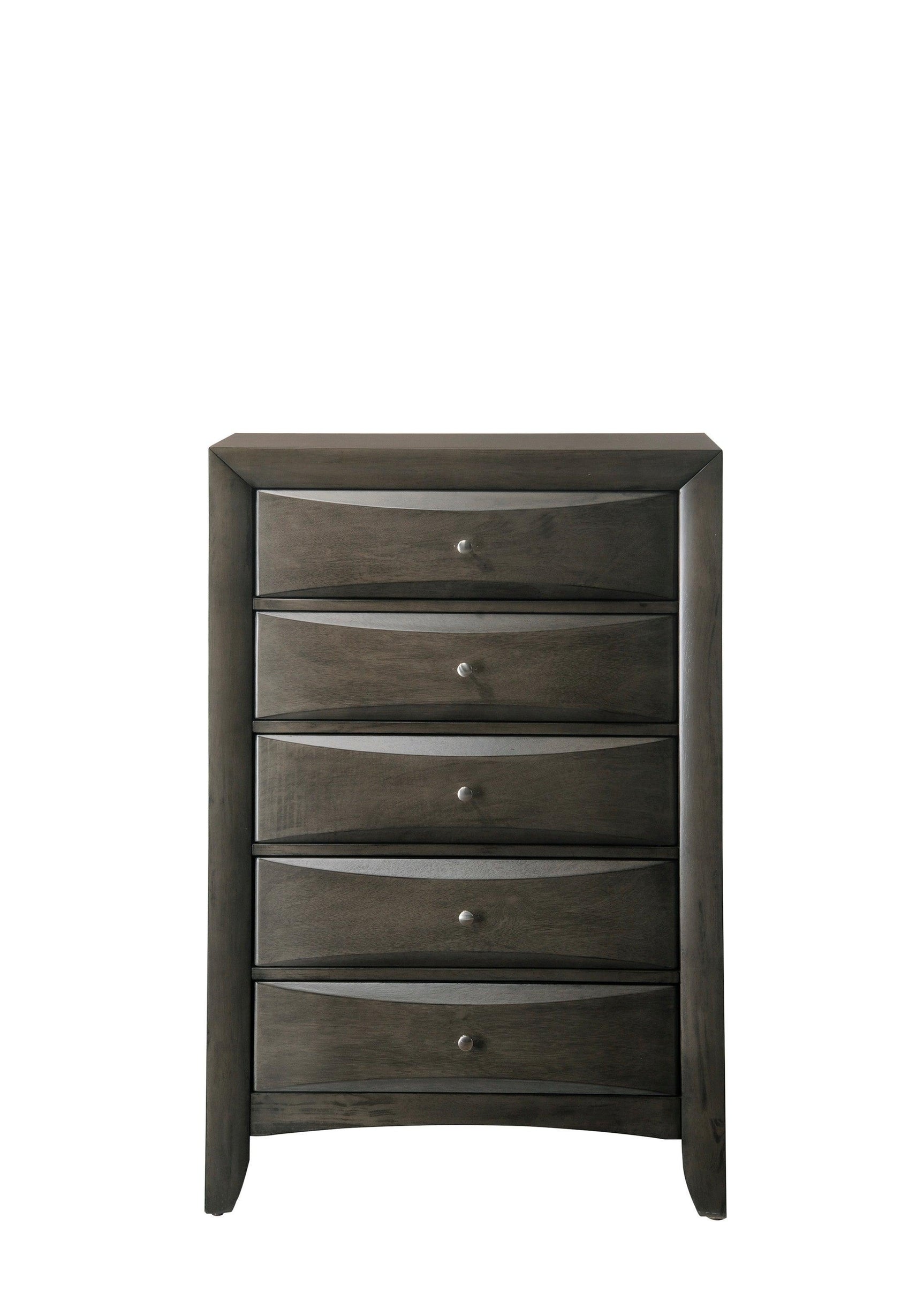 Emily Chest Grey, Modern Rubberwood And Okume Veneer, Nickel Knob 5 Drawers - Ella Furniture