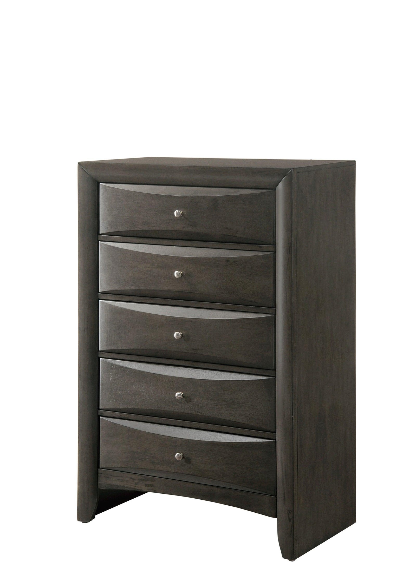 Emily Chest Grey, Modern Rubberwood And Okume Veneer, Nickel Knob 5 Drawers - Ella Furniture