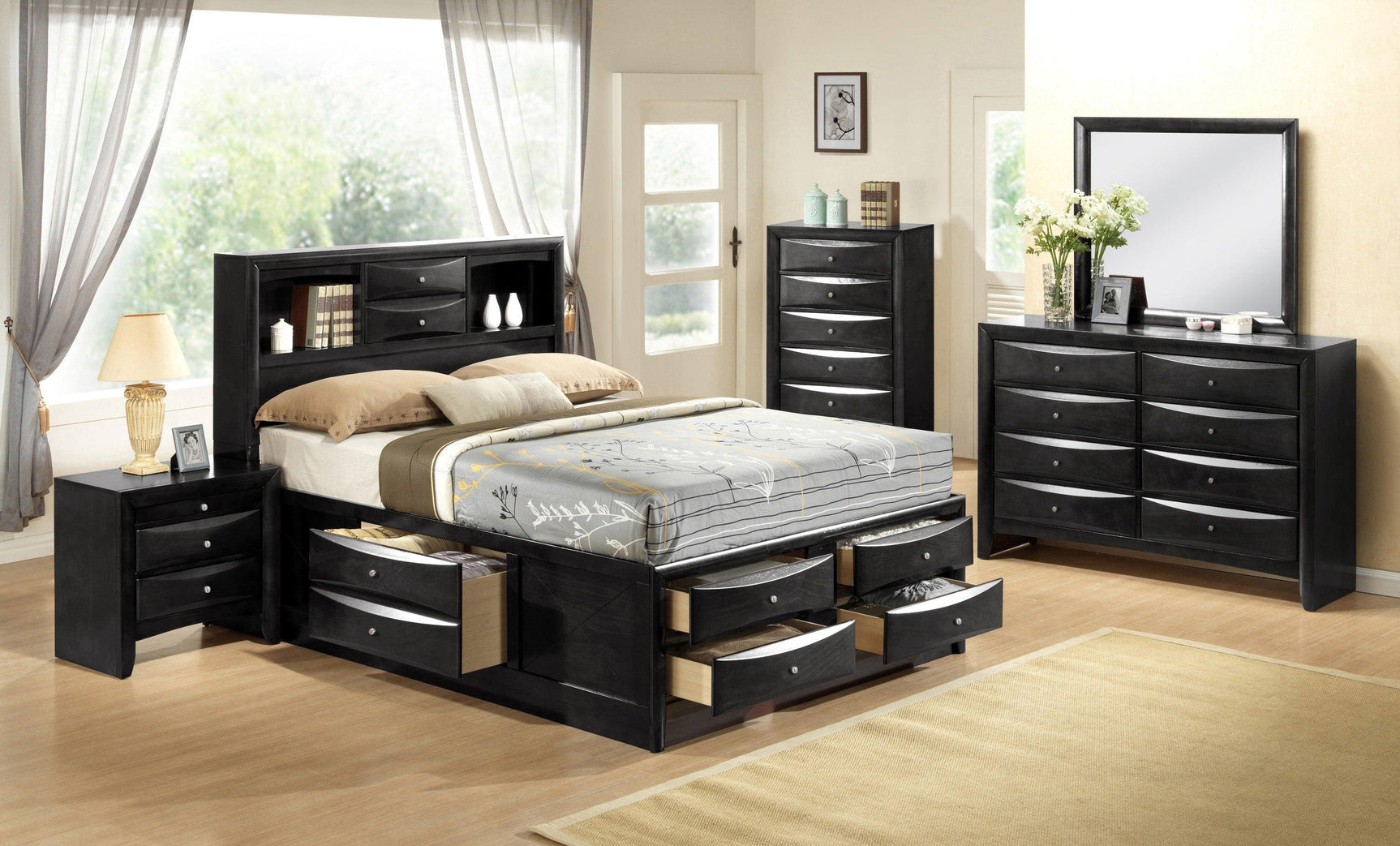 Emily Black Modern Transitional Wood Storage Platform Bedroom Set - Ella Furniture