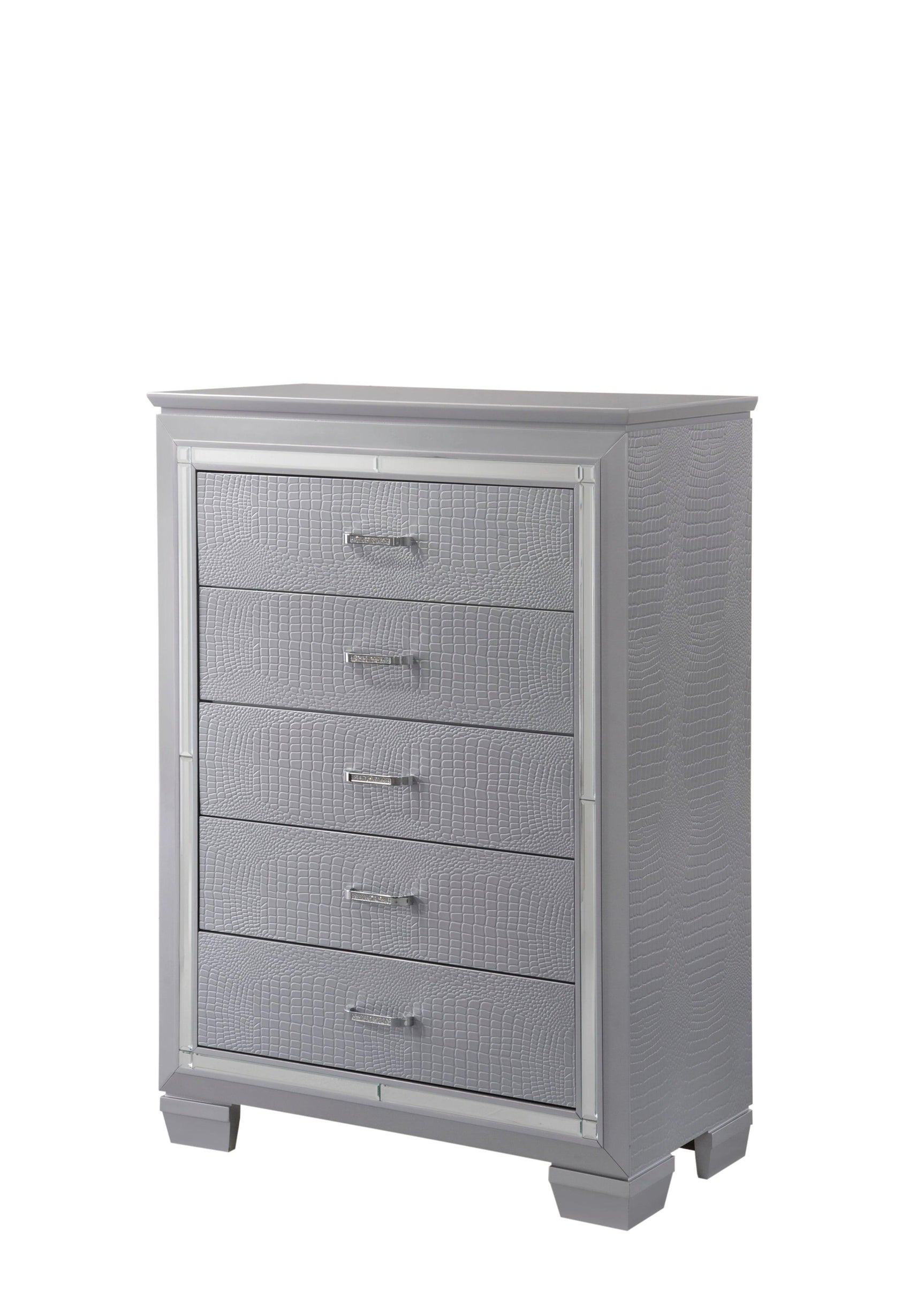 Lillian Chest Silver, Modern Faux Finish, Metal 5 Drawers - Ella Furniture