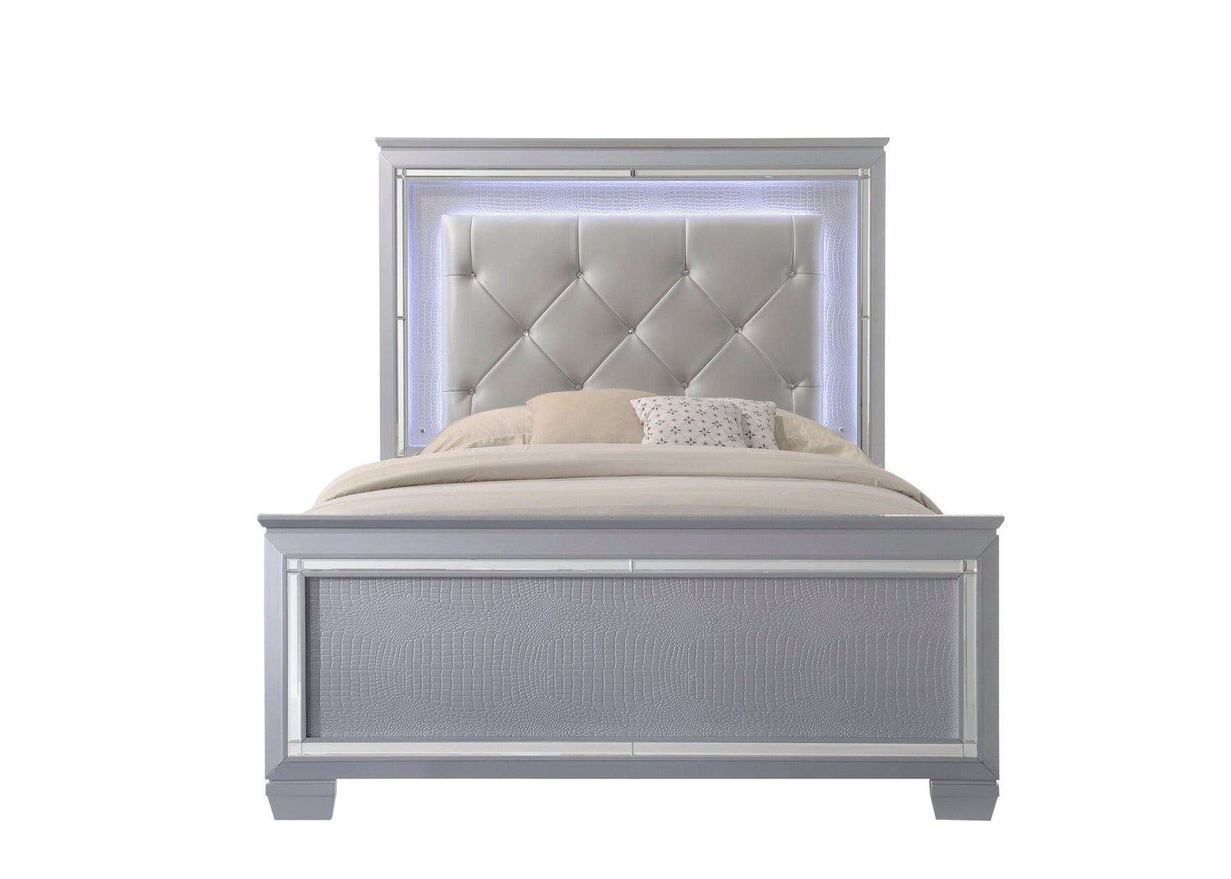 Lillian Silver Modern Sturdy Metal King LED Faux Leather Upholestered Tufted Bed - Ella Furniture