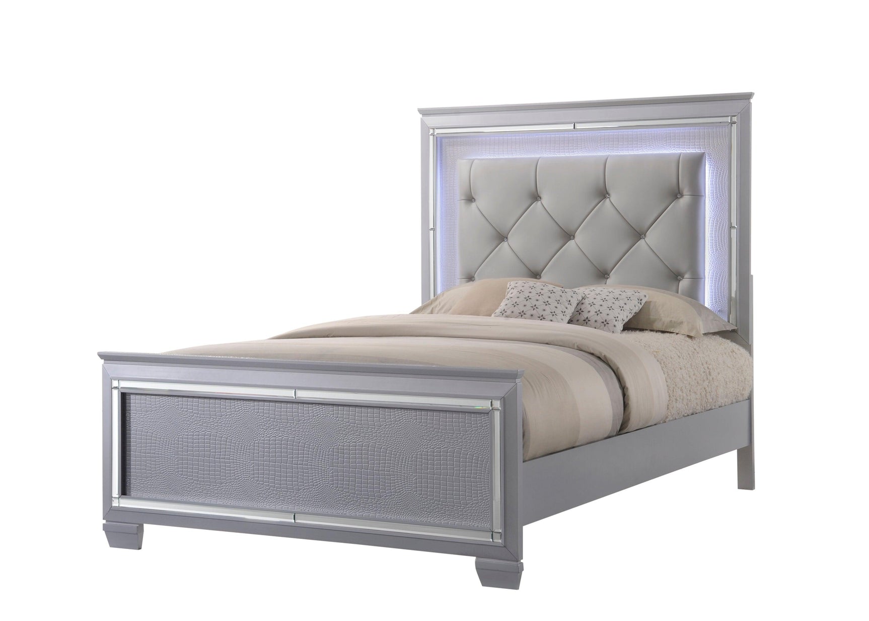Lillian Silver Modern Sturdy Metal King LED Faux Leather Upholestered Tufted Bed - Ella Furniture