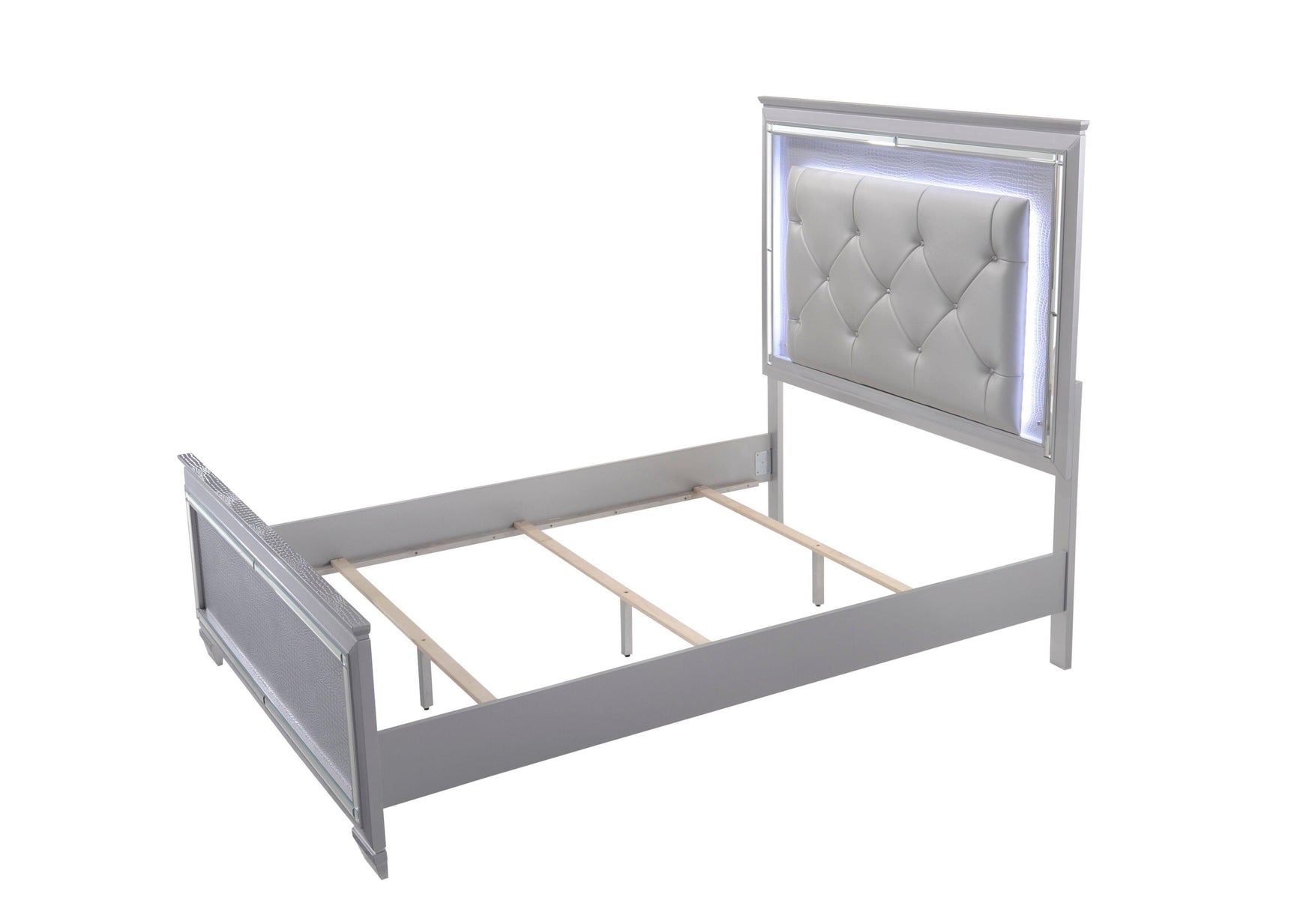 Lillian Silver Modern Sturdy Metal Queen LED Faux Leather Upholestered Tufted Bed - Ella Furniture