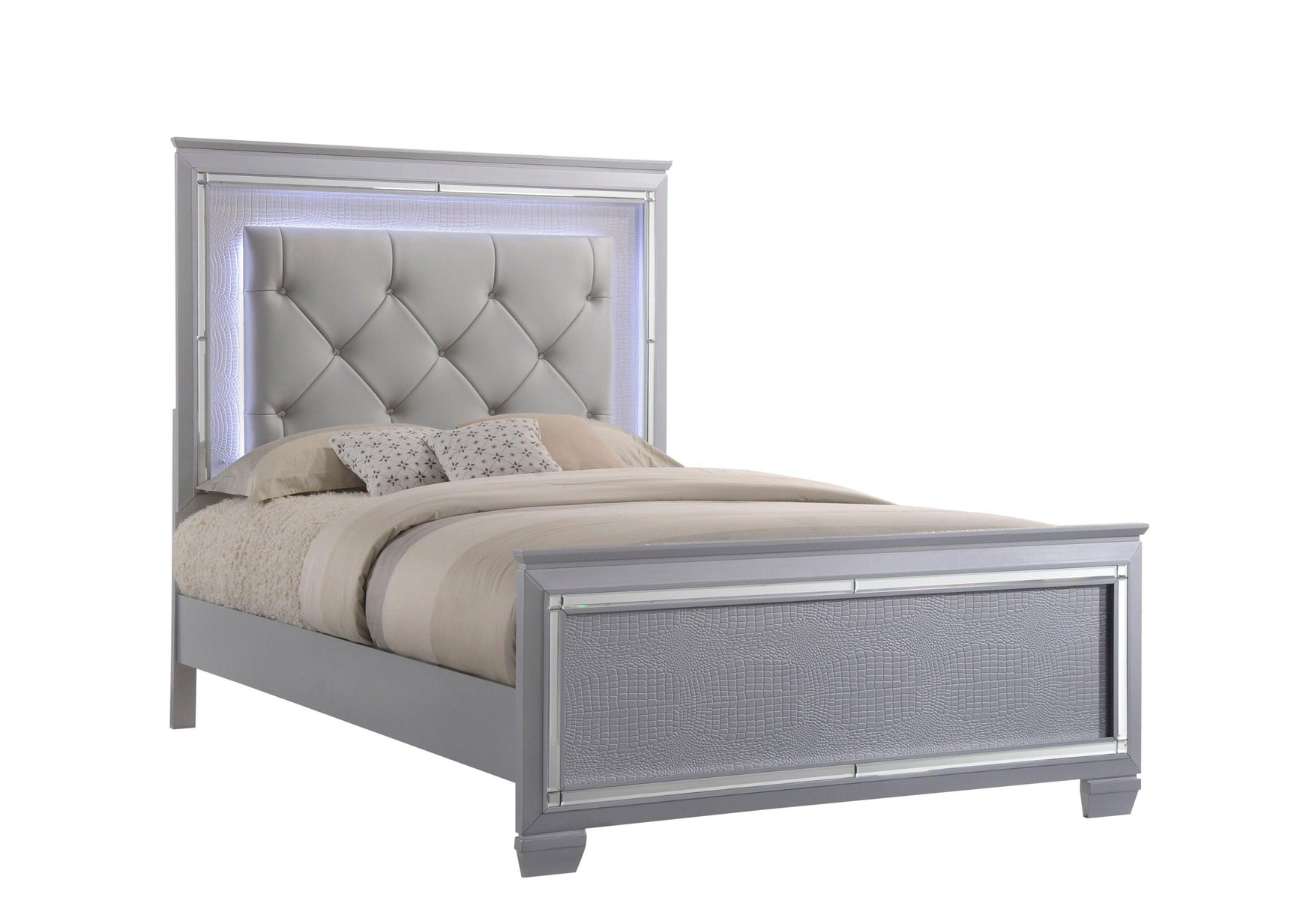 Lillian Silver Modern Sturdy Metal Queen LED Faux Leather Upholestered Tufted Bed - Ella Furniture