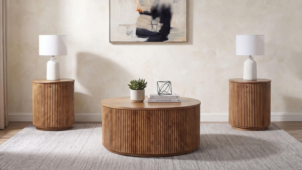 Coffey 3-Piece Round Coffee and End Table Set Light Brown — product view