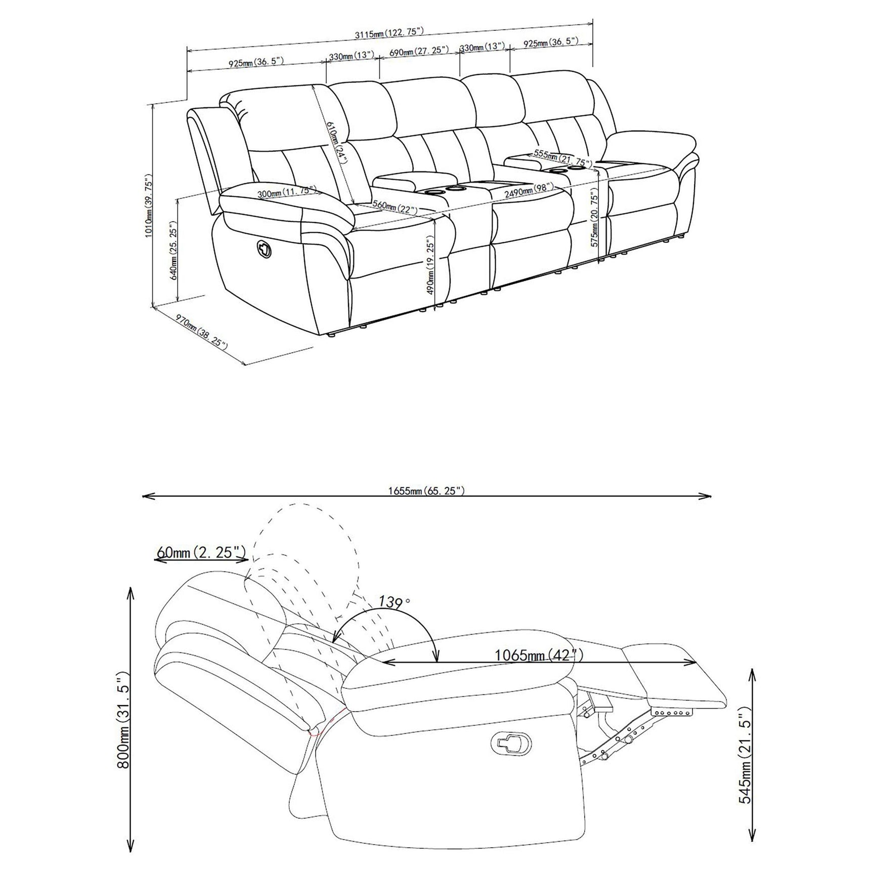Bahrain 5-piece Upholstered Home Theater Seating Charcoal 609541T - Ella Furniture