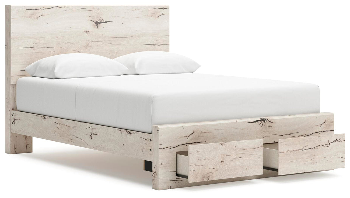 Lawroy Light Natural Queen Panel Storage Bed — angled view