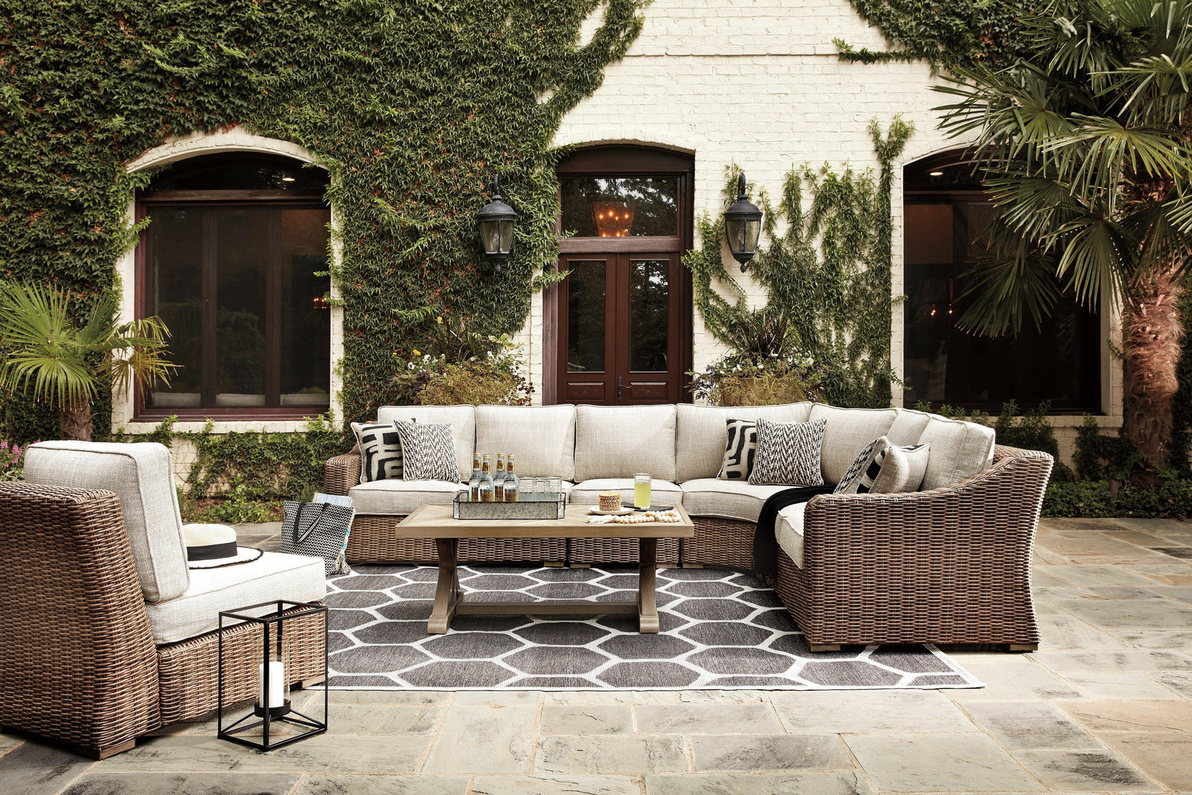 Beachcroft Beige 5-Piece Outdoor Sectional With Coffee Table - Ella Furniture