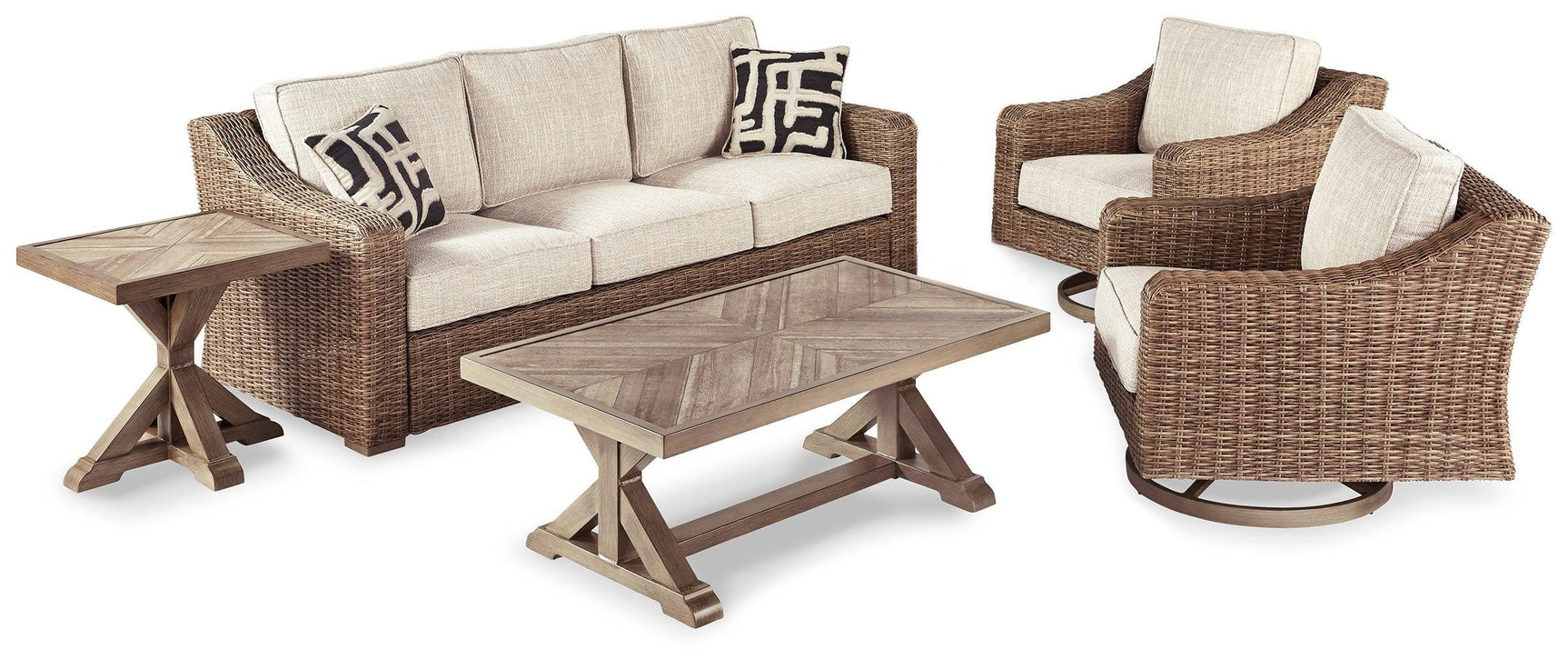 Beachcroft Beige Outdoor Sofa With 2 Lounge Chairs, Coffee Table And End Table - Ella Furniture