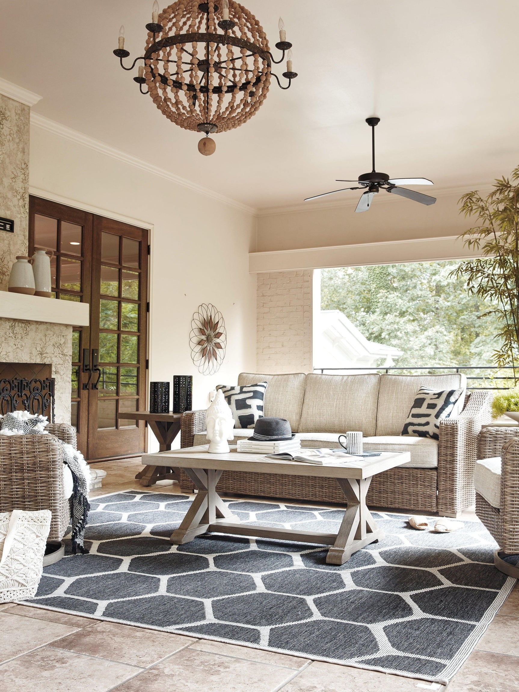 Beachcroft Beige Outdoor Sofa With 2 Lounge Chairs, Coffee Table And End Table - Ella Furniture