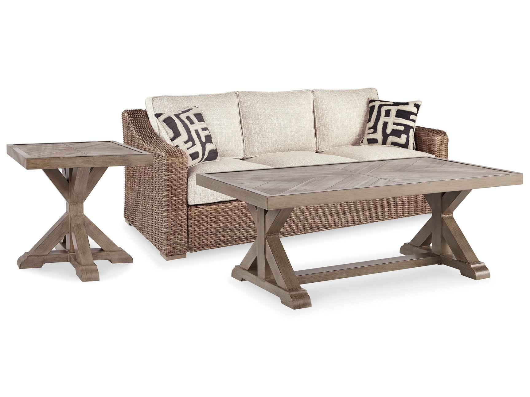 Beachcroft Beige Outdoor Sofa With Coffee Table And End Table - Ella Furniture