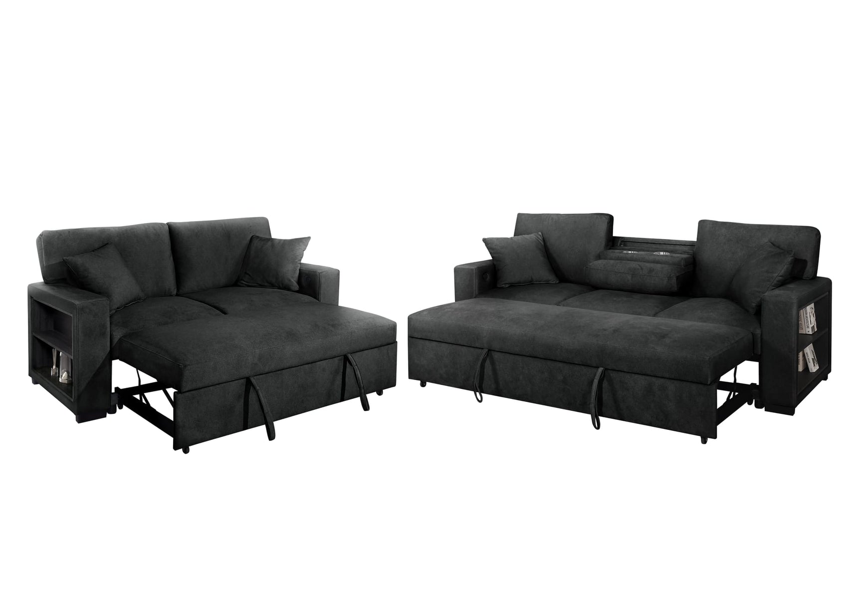 Bexley Black Premium Fabric Sofa and Loveseat Set with Bookcase Arms and USB Ports view 4