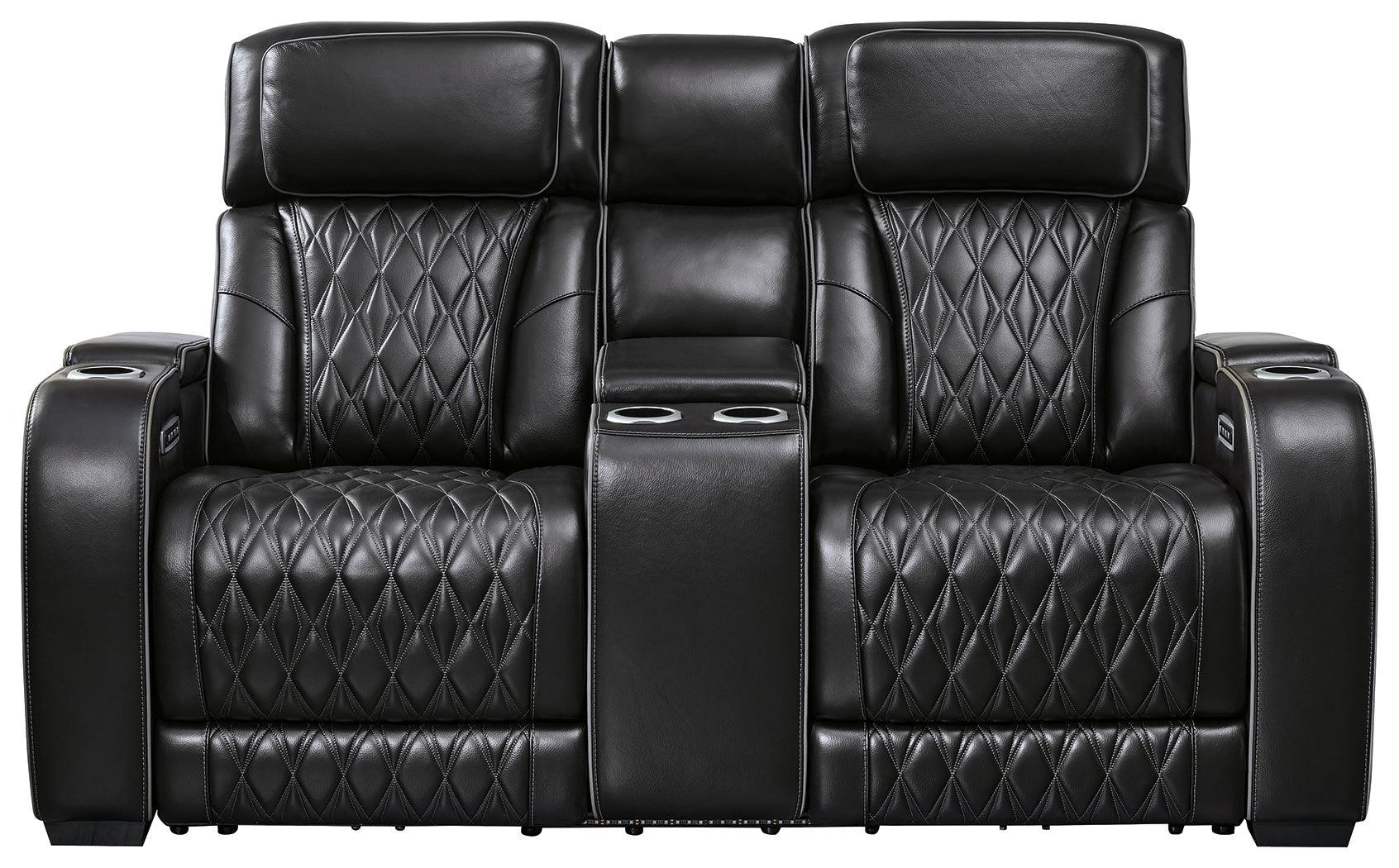 Boyington Black Leather Power Reclining Loveseat With Console - Ella Furniture