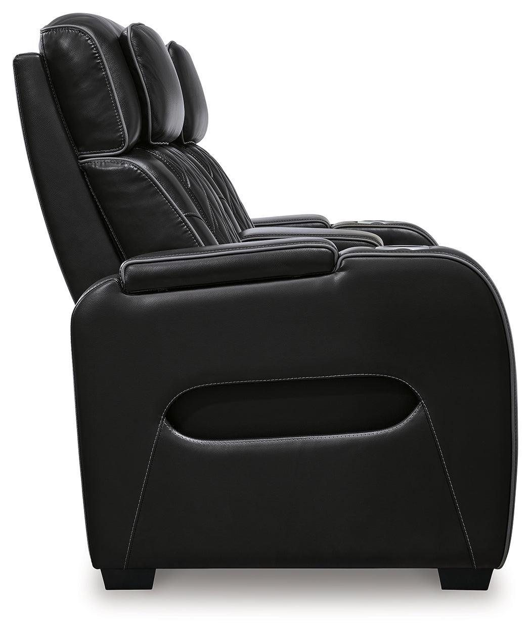 Boyington Black Leather Power Reclining Loveseat With Console - Ella Furniture