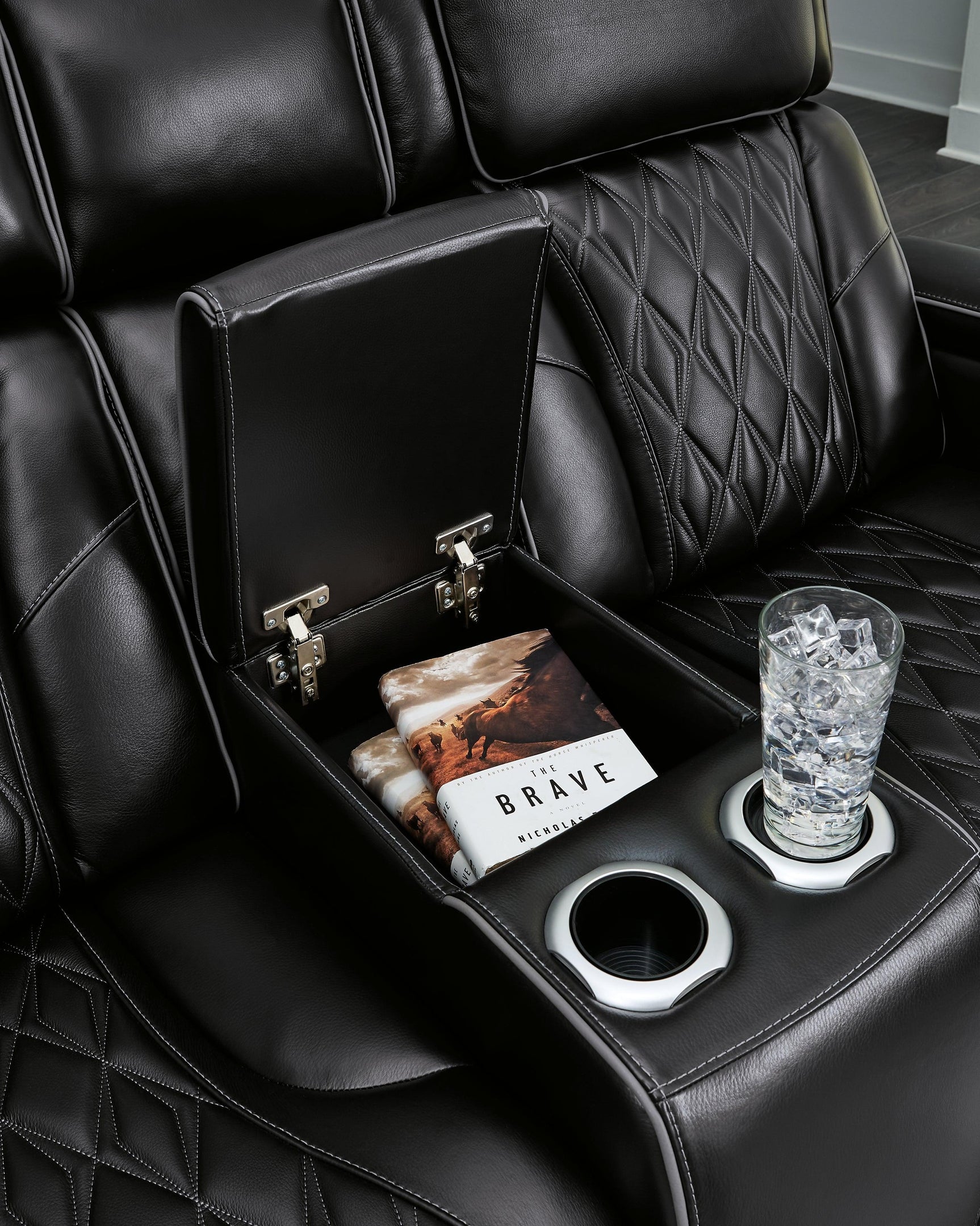 Boyington Black Leather Power Reclining Loveseat With Console - Ella Furniture