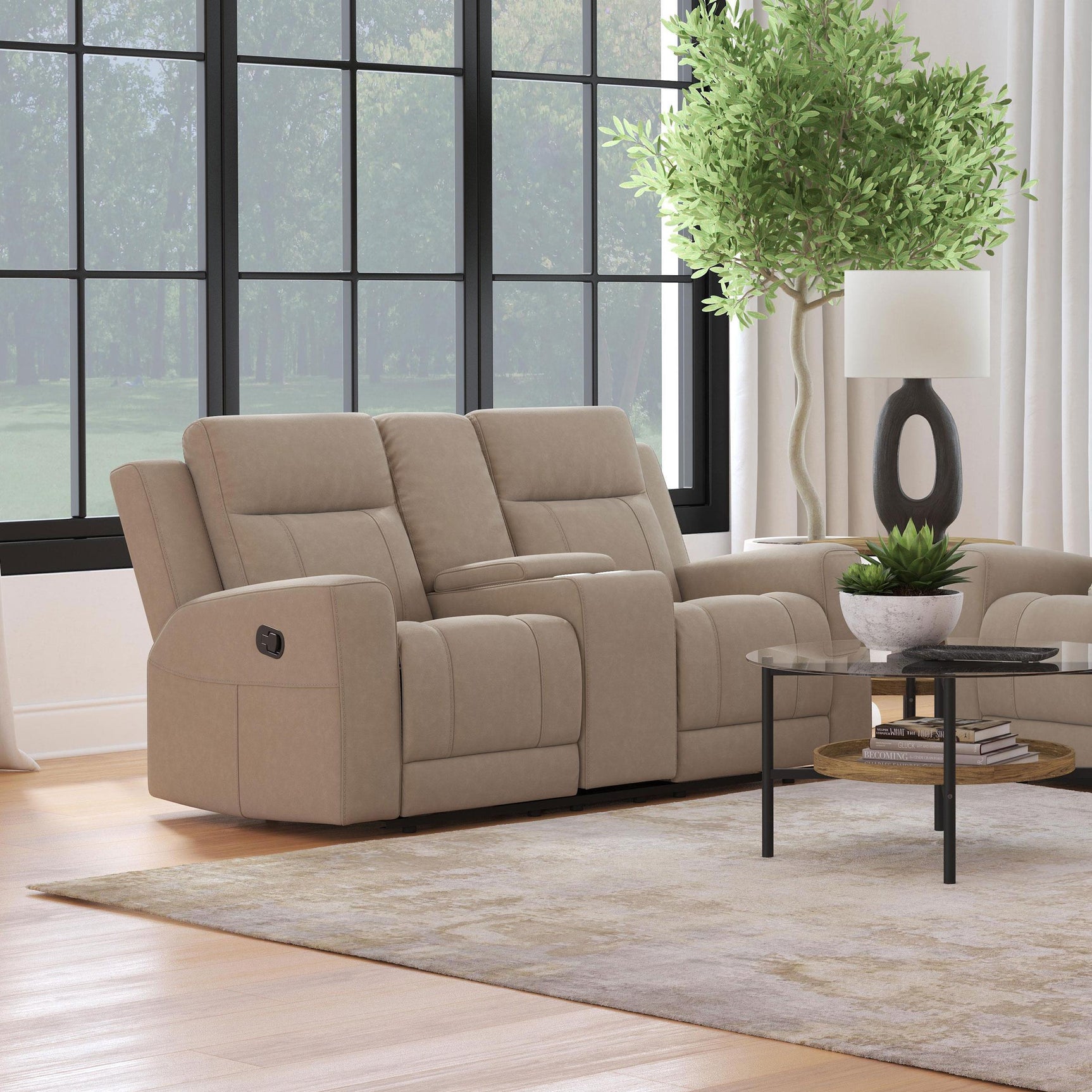 Brentwood Upholstered Motion Reclining Loveseat Taupe 610282 - Ella Furniture