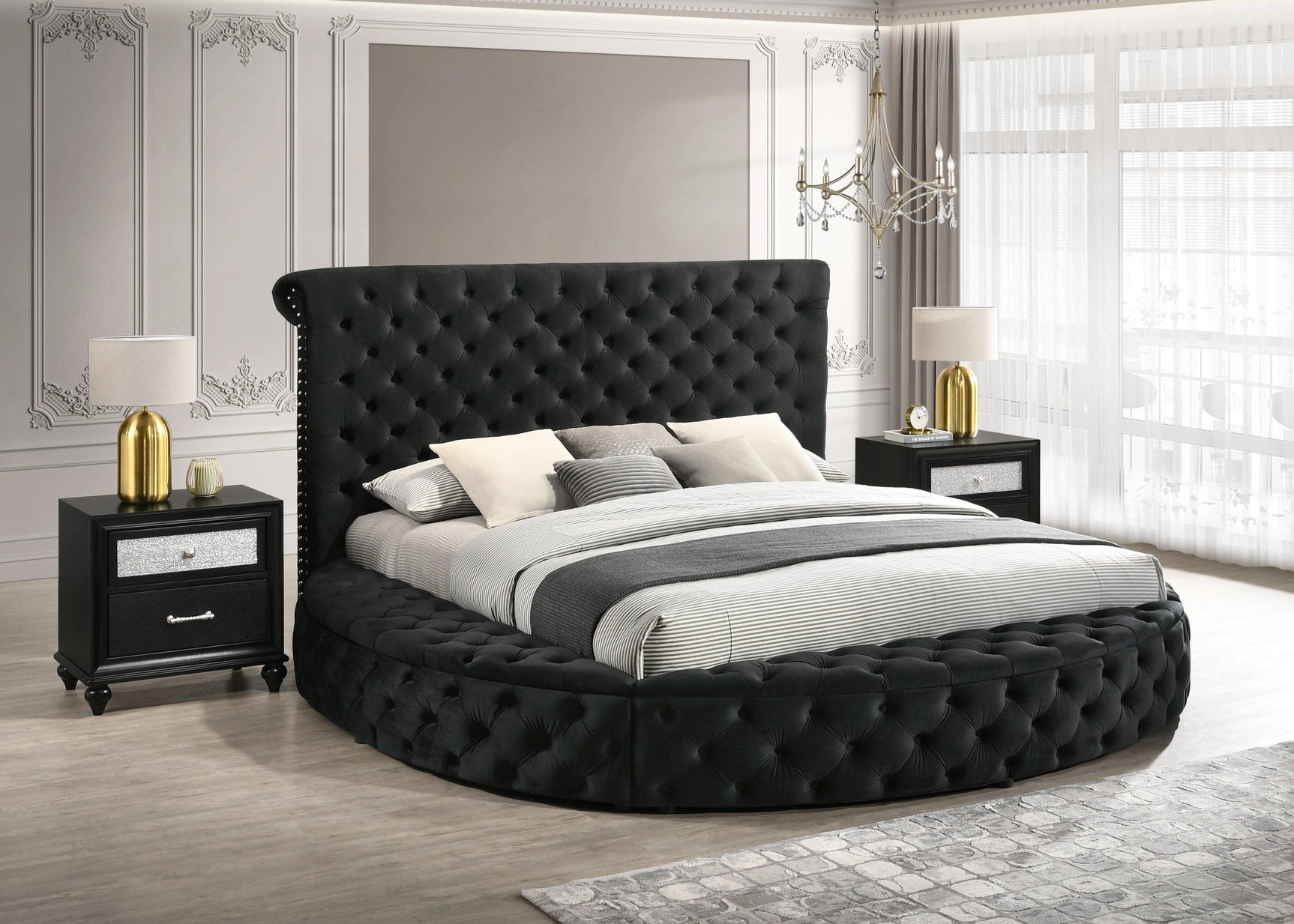 Brigitte Black Modern Solid Wood Velvet Upholstered Tufted Storage Queen Bed - Ella Furniture