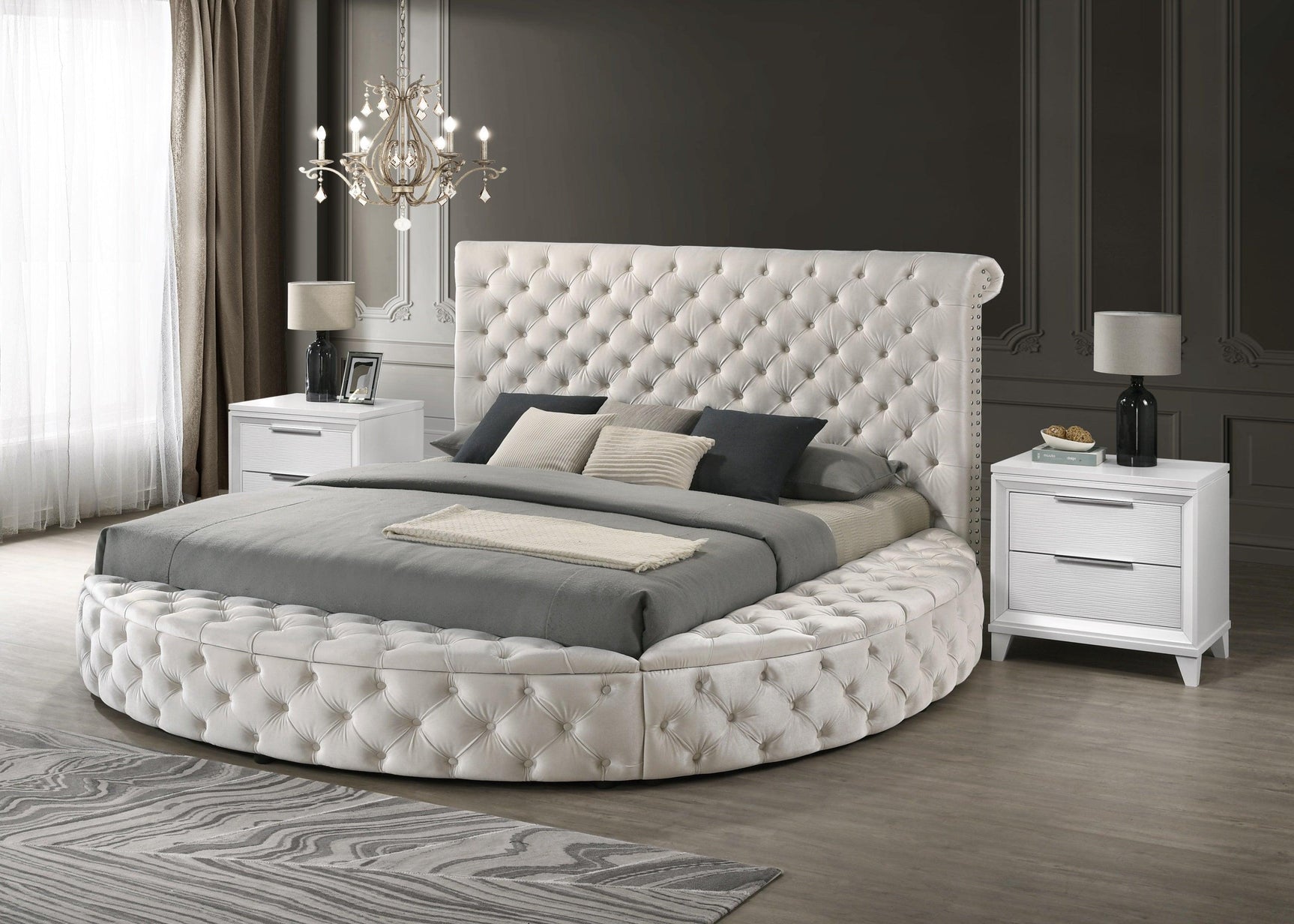 Brigitte Ivory Modern Solid Wood Velvet Upholstered Tufted Storage King Bed - Ella Furniture