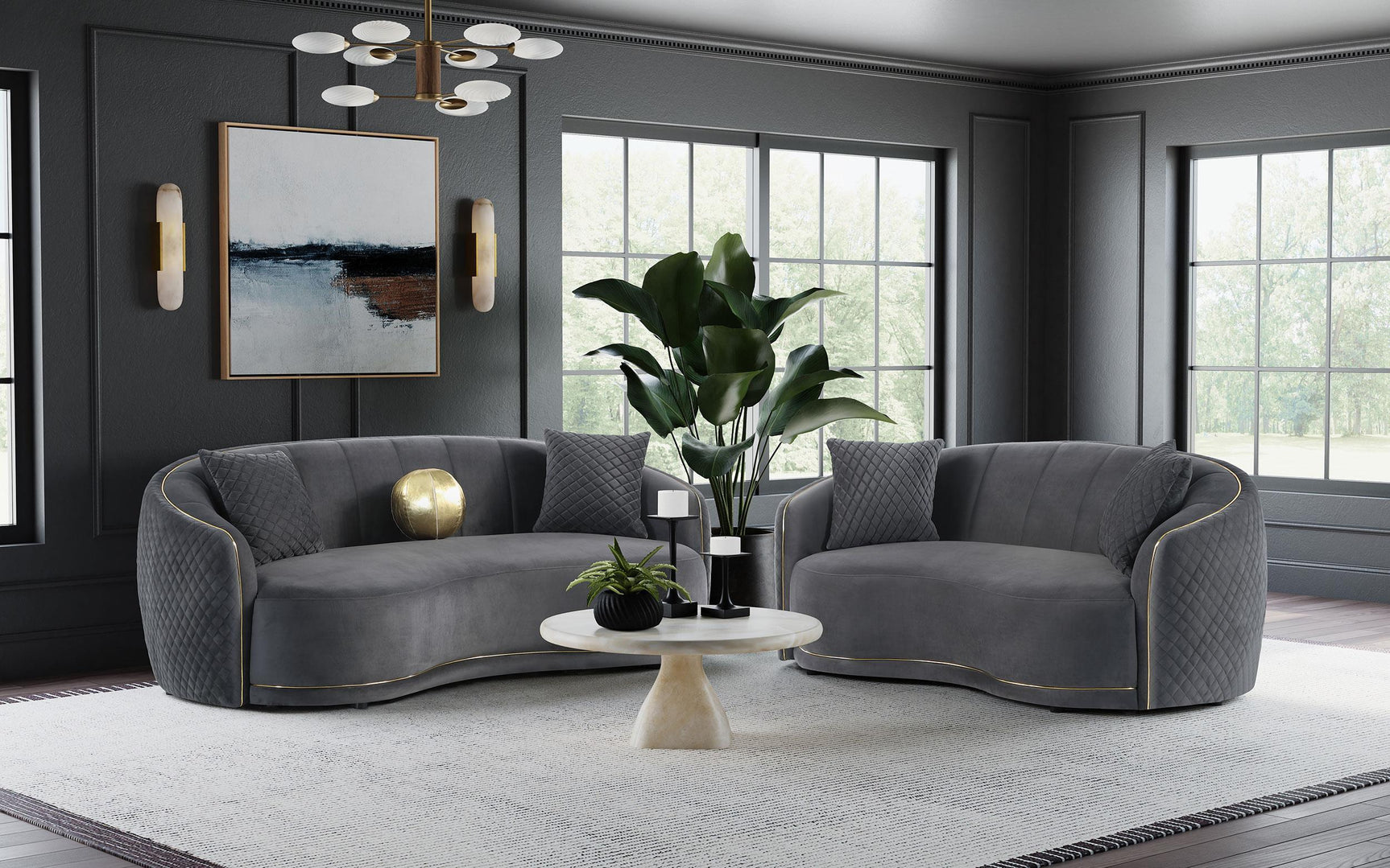 Brookside Velvet Upholstered Curved Loveseat Dark Grey 504845 - Ella Furniture