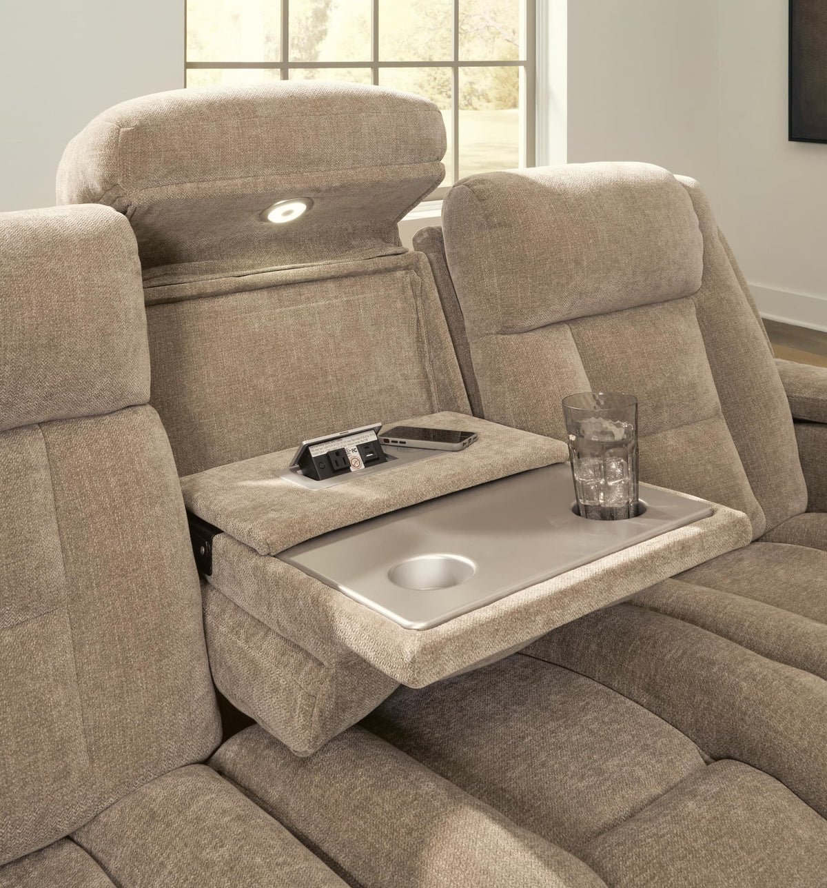 Mixed Brownstone Motion Sofa and Loveseat — detail view