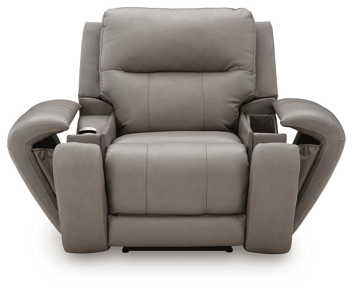 Real Moments Ash Leather Power Recliner with Audio Seating — front view