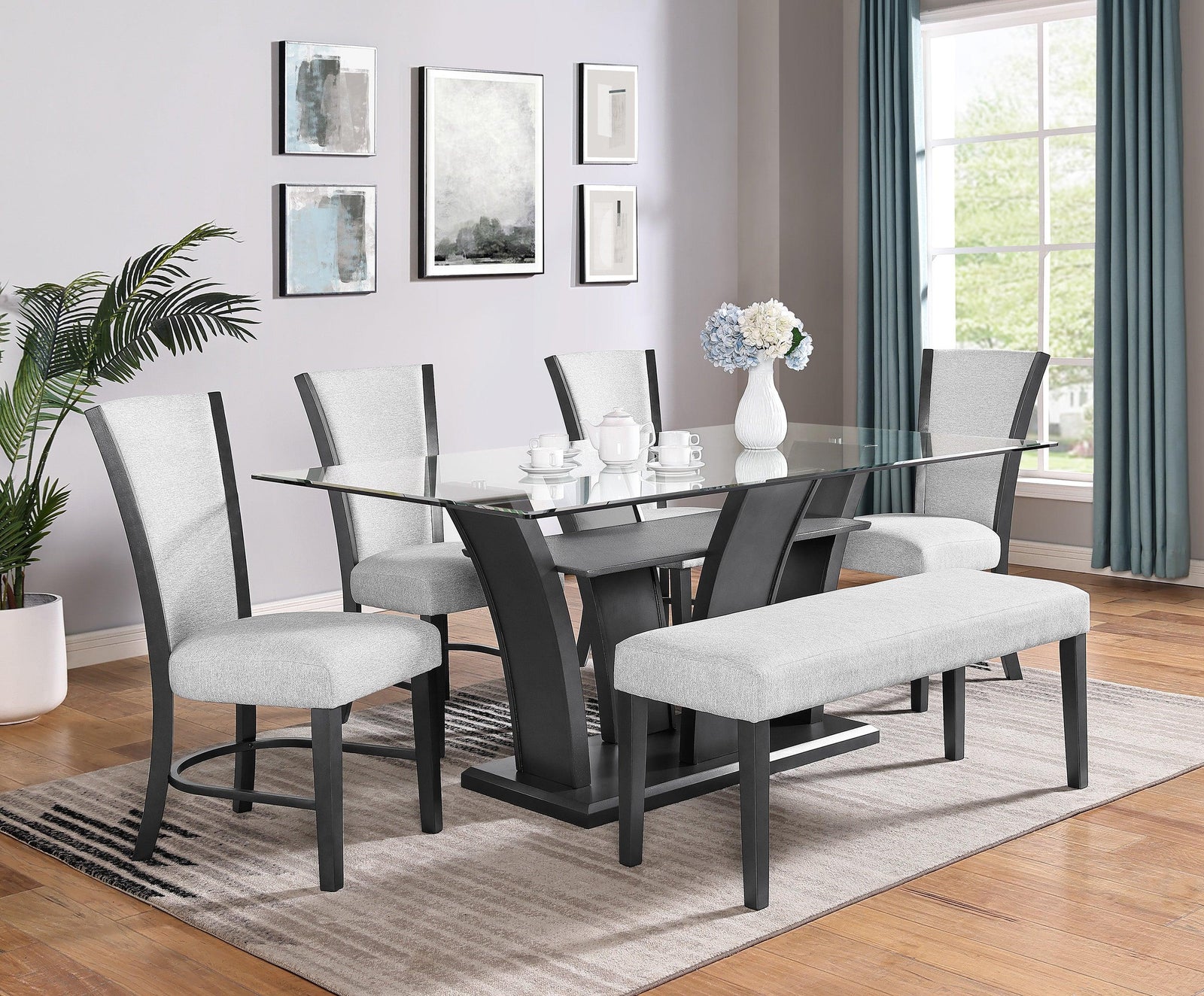 Camelia White/Gray Modern Solid Wood Glass Fabric Upholstered Dining Room Set - Ella Furniture