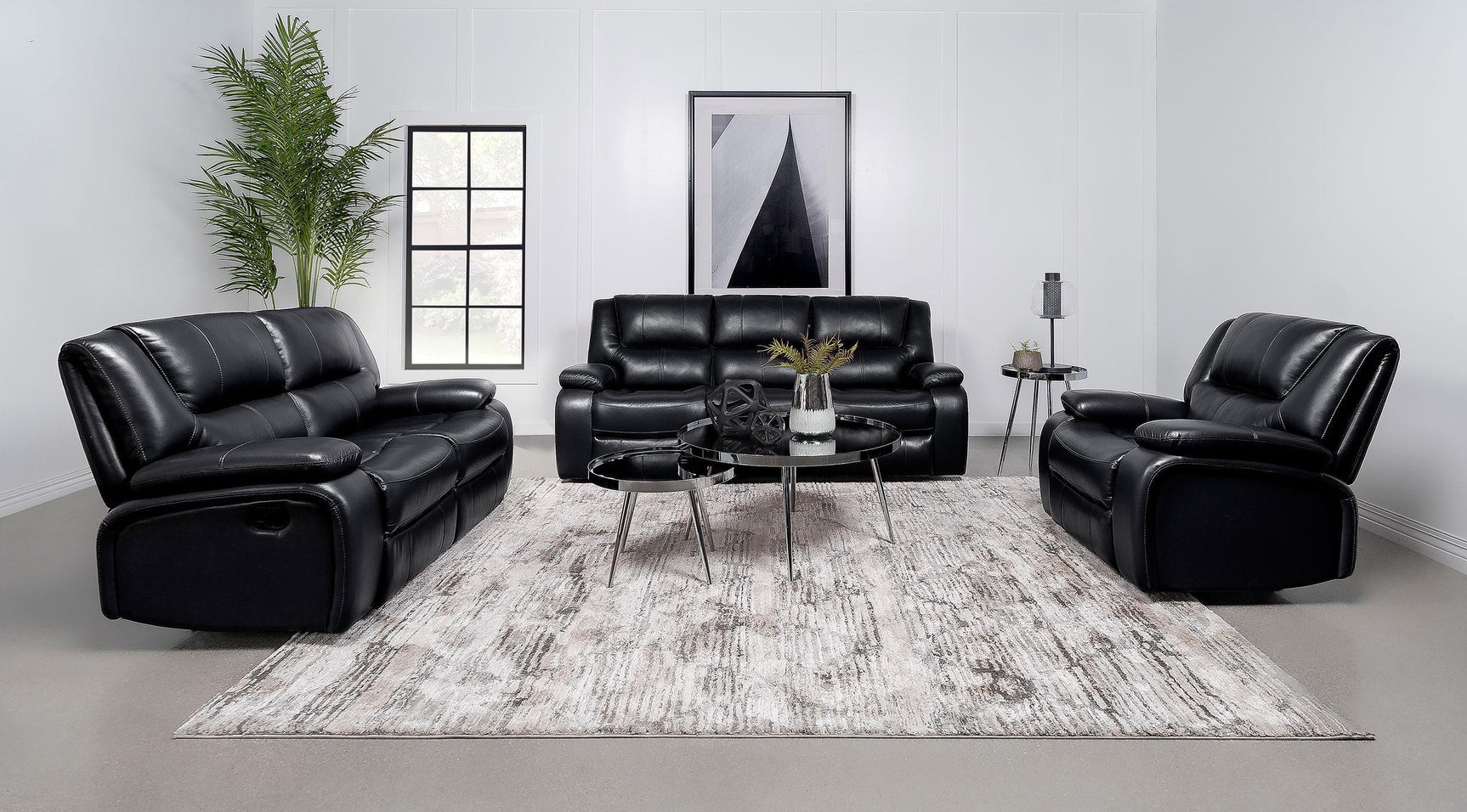 Camila 3-piece Upholstered Motion Reclining Sofa Set Black 610244-S3 - Ella Furniture