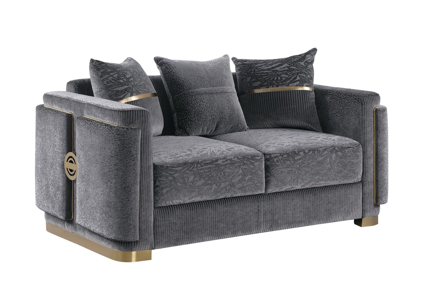 Capri Grey Fabric Sofa and Loveseat Set with Gold Accents and Pillows view 3