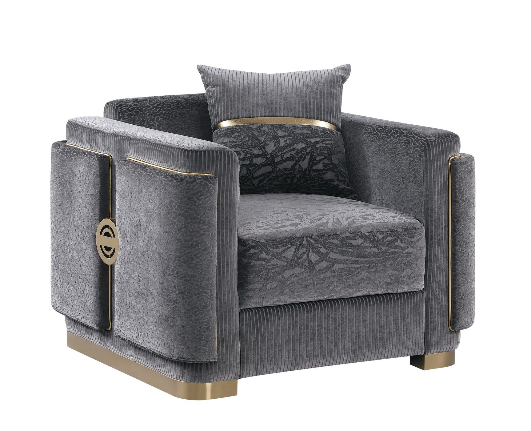 Capri Grey Fabric Sofa and Loveseat Set with Gold Accents and Pillows view 4