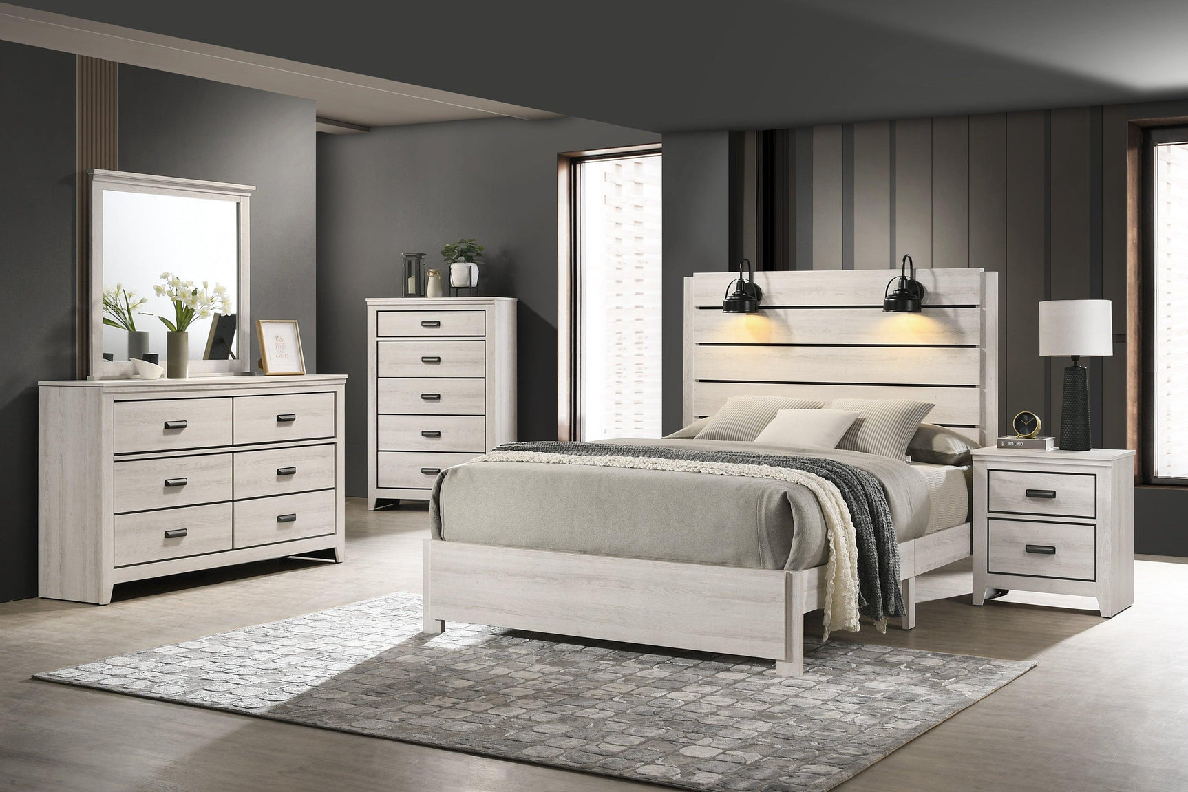 Carter White Modern Contemporary Solid Wood And Veneers LED Queen Bed - Ella Furniture