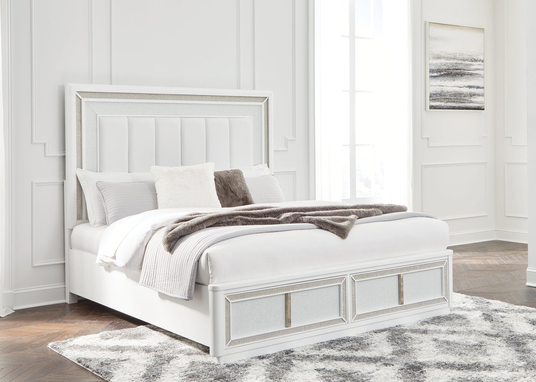 Chalanna White King Upholstered Storage Bed - Ella Furniture