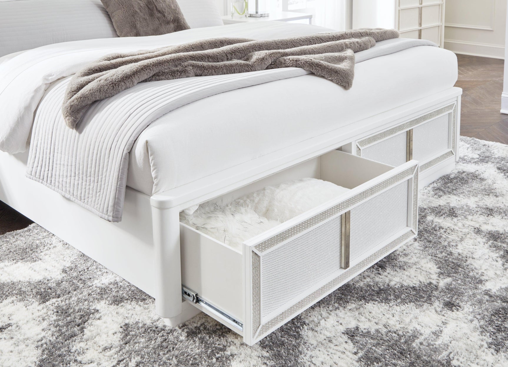 Chalanna White King Upholstered Storage Bed - Ella Furniture