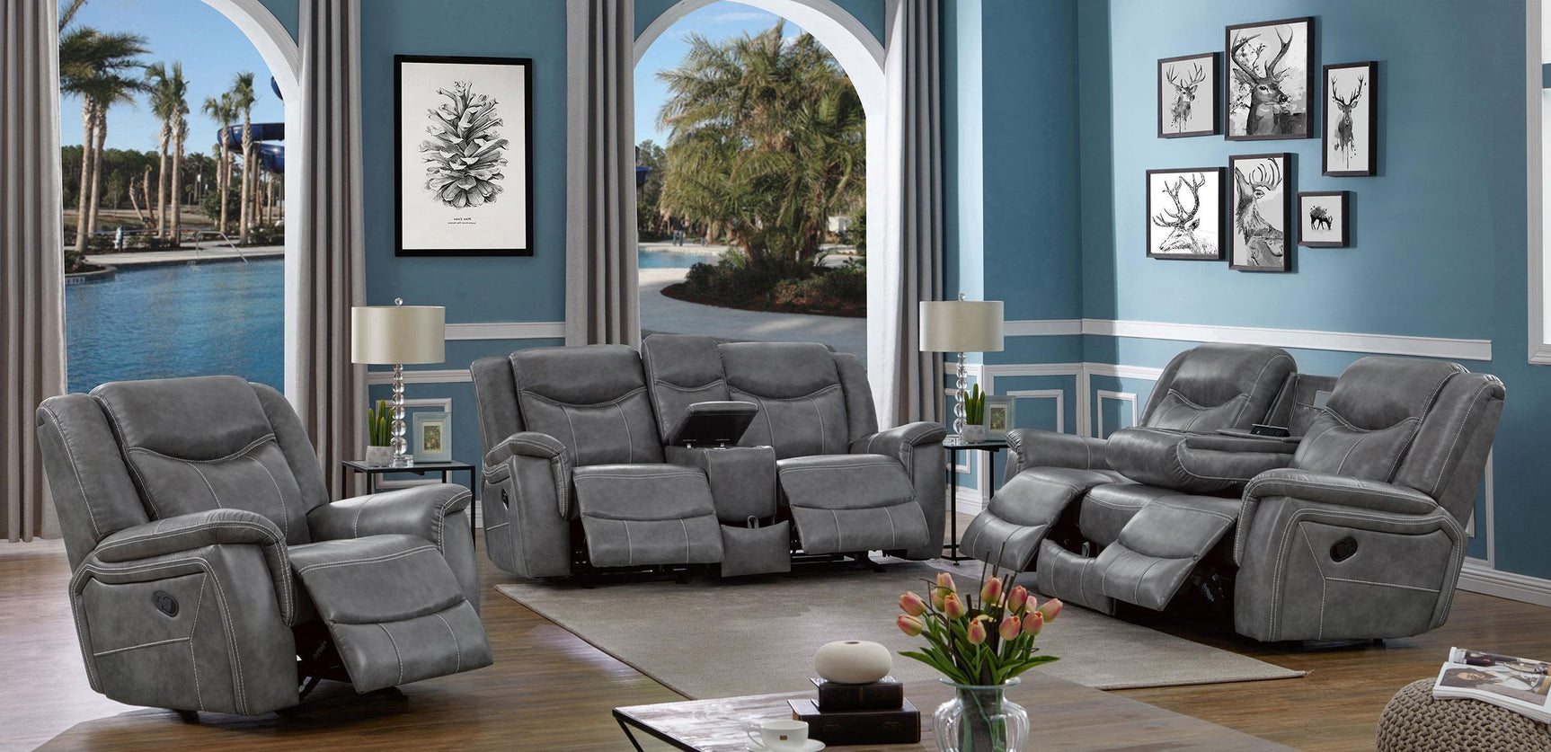 CONRAD MOTION COLLECTION Conrad 3-piece Upholstered Padded Arm Motion Sofa Set Grey 650354-S3 - Ella Furniture